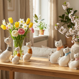 Handcrafted Smiling Cat Ceramic Figurine Set - Dehua White Porcelain Home Decor, Housewarming Gift