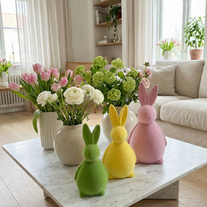 Flocked Rabbit Ceramic Figurine Set - Macaron Color Cute Rabbit Home Decor, Easter Ornament